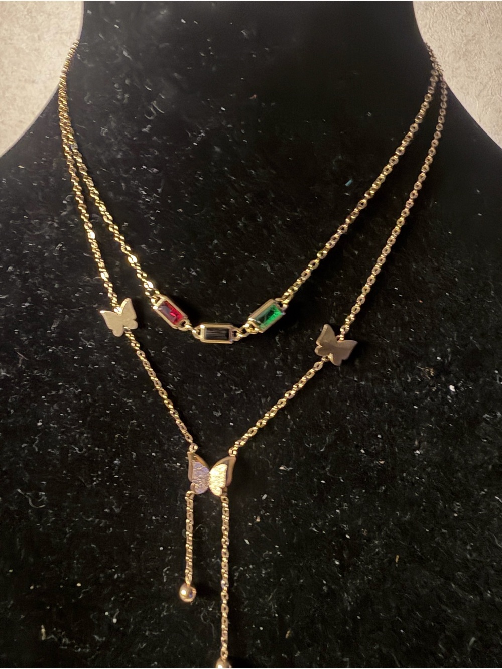 Gold Butterfly Layered Necklace with Multicolor Gem Accents